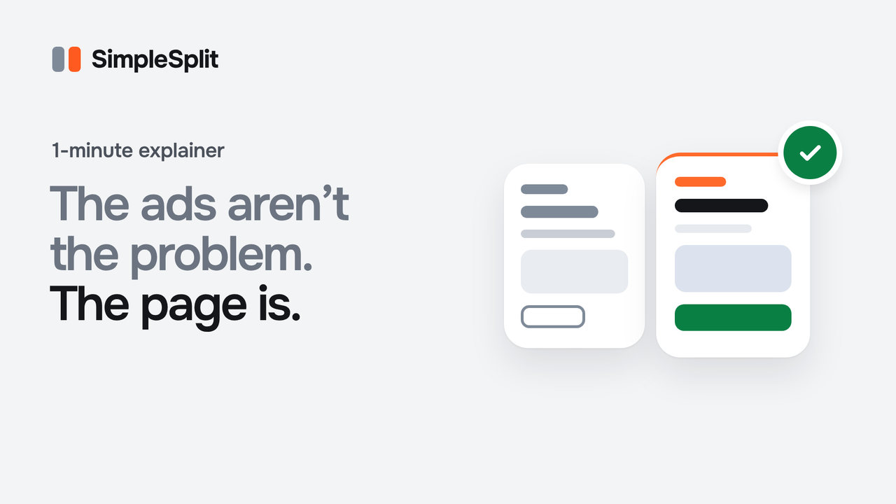 SimpleSplit explainer: two versions of a web page side by side, and the words “The ads aren’t the problem. The page is.”