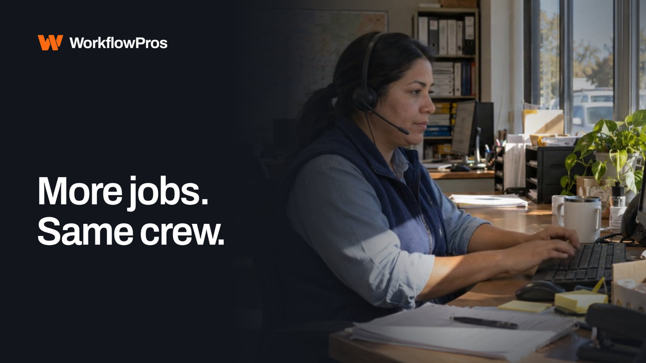 WorkflowPros brand film: an office manager wearing a headset at her desk, and the words “More jobs. Same crew.”